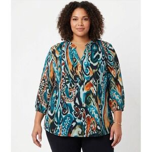 Juniper + Lime Top size XL Multi Color Ruffle Neck Stretch Knit Pintuck Popover